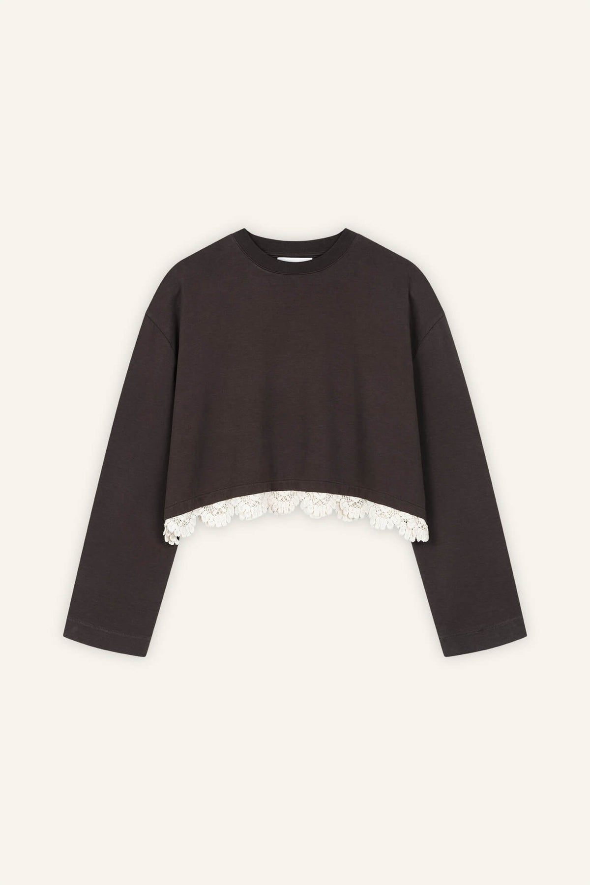 Cropped Langarmshirt Sue in Dunkelbraun Crochet von vorne by VIVAL.STUDIO