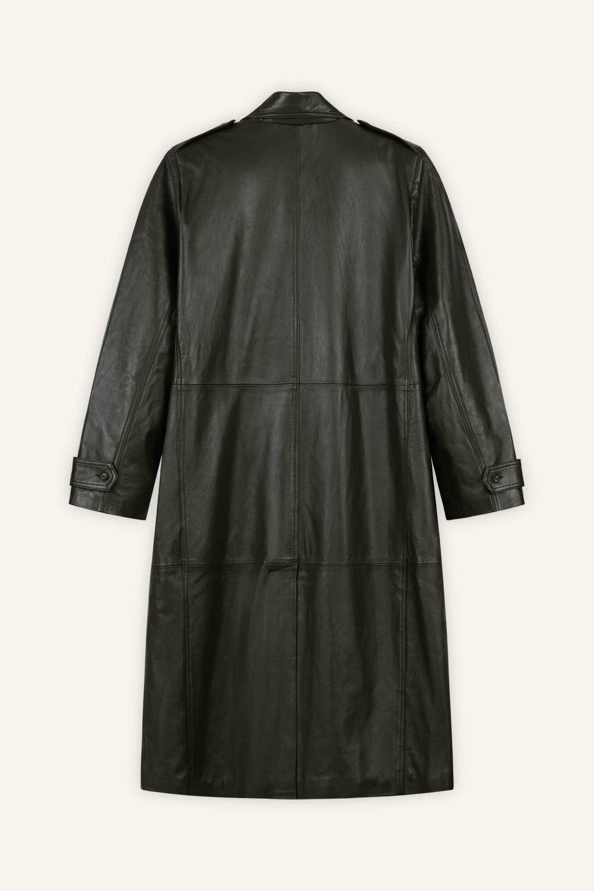 Ledermantel Laja in Oliv von hinten by VIVAL.STUDIO