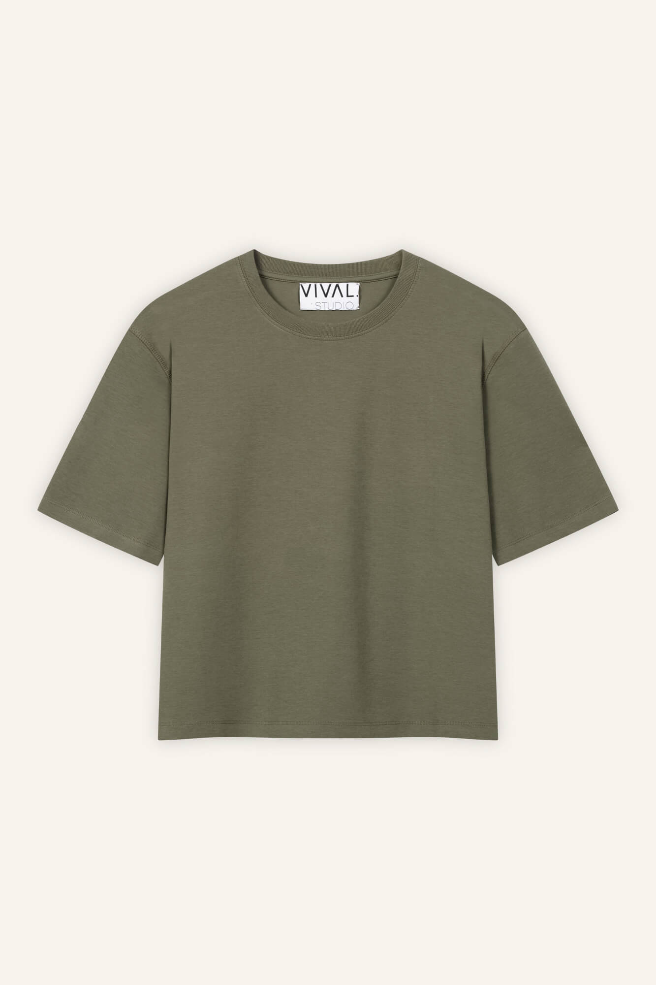 T-Shirt Lou in Oliv von vorne by VIVAL.STUDIO