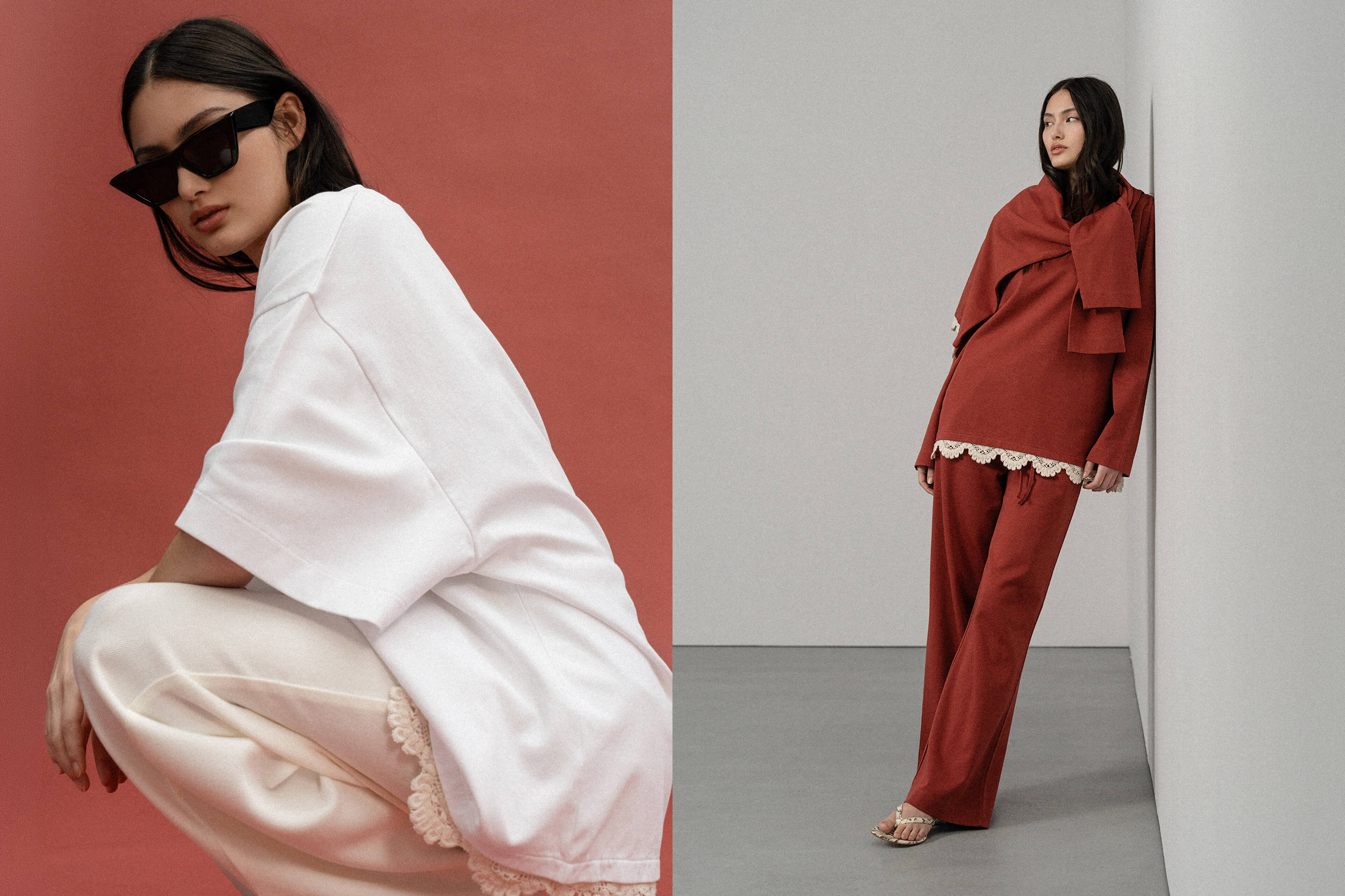 T-Shirt Sue in Weiß mit Crochet und Set Sue in Lava mit Crochet by VIVAL.STUDIO