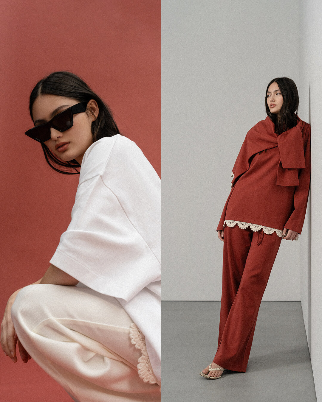 T-Shirt Sue in Weiß mit Crochet und Set Sue in Lava mit Crochet by VIVAL.STUDIO