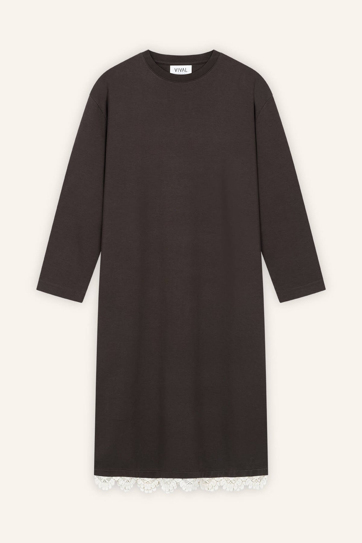 Kleid Sue in Dunkelbraun Crochet von vorne by VIVAL.STUDIO