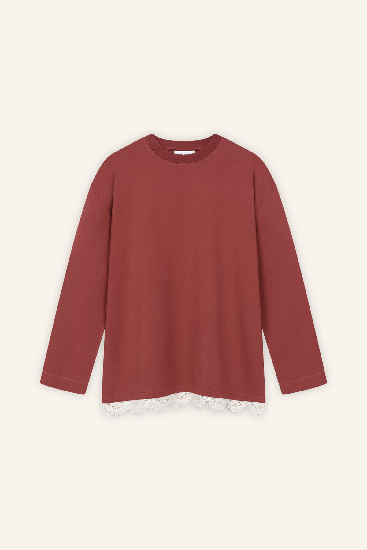 Langarmshirt Sue in Lava Crochet von vorne by VIVAL.STUDIO